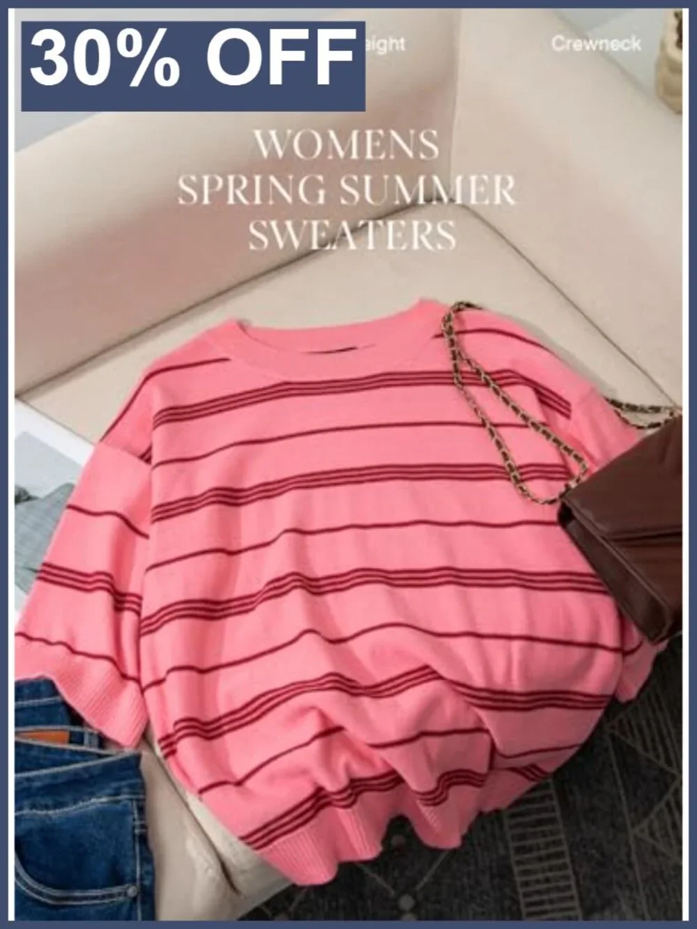 Womens Oversized Striped 3/4 Sleeve Knit Pullover Sweater Lightweight Crewneck